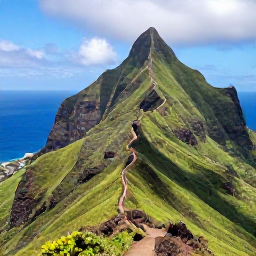 Caribbean Holidays, Bonaire Adventure Holidays, A dramatic green mountain trail on Saba rising above deep blue Caribbean water, with a small village in the distance