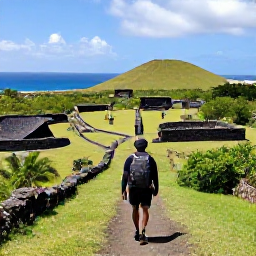 Caribbean Holidays, Bonaire Adventure Holidays, A hiker on a green volcanic trail above the sea on Sint Eustatius, with historic ruins and tropical scenery