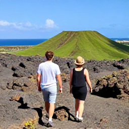 Caribbean Holidays, Bonaire Adventure Holidays, Hiker walking through rugged volcanic hills on Saba with green slopes, ocean views and a clear Caribbean sky