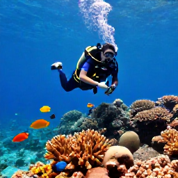 Caribbean Holidays, Bonaire Adventure Holidays, Scuba diver exploring a colourful coral reef beside tropical fish in clear Caribbean water around Bonaire