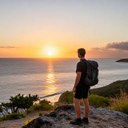 Caribbean Holidays, Bonaire Adventure Holidays, Traveller enjoying a sunset coastal view across the Caribbean islands with hiking gear and warm evening light