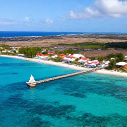 Caribbean Holidays, Bonaire All Inclusive, Aerial coastal view of Bonaire with turquoise Caribbean water, colourful waterfront and dry tropical landscape