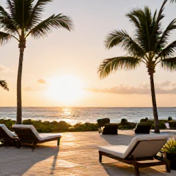 Caribbean Holidays, Bonaire All Inclusive, Relaxed Caribbean hotel terrace with comfortable loungers, palm trees, tropical sea view and sunset light