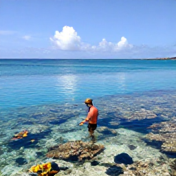 Caribbean Holidays, Bonaire All Inclusive, Snorkeller exploring a clear shallow coral reef near Bonaire, with colourful fish and calm blue water