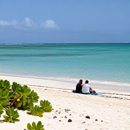 Caribbean Holidays, Bonaire Beach Holidays, A quiet Caribbean beach on Bonaire with clear turquoise water, pale sand, low scrub and a relaxed couple enjoying the shoreline