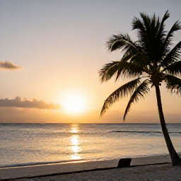 Caribbean Holidays, Bonaire Beach Holidays, A relaxed Caribbean sunset over Bonaire, with calm sea, a simple beach, palm silhouettes and warm evening light