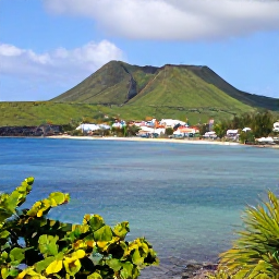 Caribbean Holidays, Bonaire Beach Holidays, A scenic coastal view of Sint Eustatius with a calm Caribbean bay, green hills, volcanic landscape and a small historic town