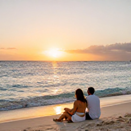 Caribbean Holidays, Bonaire February Beaches, Couple enjoying a relaxed sunset beside a Caribbean beach on Bonaire, with gentle waves, warm light and a peaceful February holiday mood