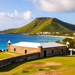 Caribbean Holidays, Bonaire February Nature, Historic Fort Oranje on Sint Eustatius overlooking green hills, volcanic coastline and the Caribbean Sea in warm February sunshine