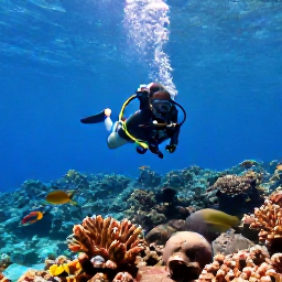 Caribbean Holidays, Bonaire Scuba Diving, A diver exploring a clear coral reef beside Bonaire's tropical coastline, colourful fish and sunlight filtering through the water