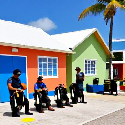 Caribbean Holidays, Bonaire Scuba Diving, A friendly Bonaire dive centre with instructors preparing scuba equipment near colourful Caribbean buildings and palm trees