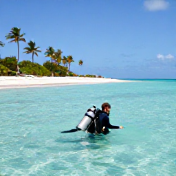 Caribbean Holidays, Bonaire Scuba Diving, A relaxed shore diver entering turquoise Caribbean water from a quiet beach on Bonaire, with dive tanks and palm trees nearby