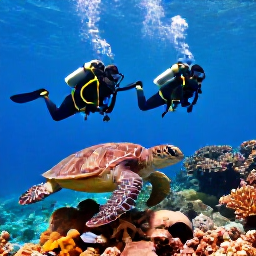 Caribbean Holidays, Bonaire Scuba Diving, Scuba divers swimming over a vibrant coral reef at Klein Bonaire, with sea turtles and tropical fish in clear blue water