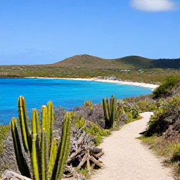 Caribbean Holidays, Bonaire Walking Holidays, Colourful Bonaire walking trail beside clear blue water, cactus-covered landscape and distant hills under a bright January sky