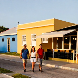 Caribbean Holidays, Bonaire Walking Holidays, Friendly travellers relaxing after a Caribbean island walk at a small waterfront caf&eacute;, with colourful buildings and warm evening light