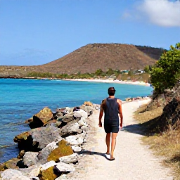 Caribbean Holidays, Bonaire Walking Holidays, Hiker following a quiet coastal trail on Bonaire in January, with turquoise Caribbean water, rocky shoreline and dry tropical hills