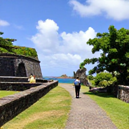 Caribbean Holidays, Bonaire Walking Holidays, Historic trail on Sint Eustatius leading towards Fort Oranje, with Caribbean sea views, tropical vegetation and old stone ruins