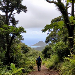 Caribbean Holidays, Bonaire Walking Holidays, Walker climbing the steep Mount Scenery trail on Saba through lush cloud forest, with dramatic Caribbean views between the trees