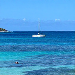 Caribbean Holidays, British Virgin Islands, A small sailing boat passing between the British Virgin Islands on a calm blue sea, with snorkellers near a colourful reef