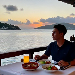Caribbean Holidays, British Virgin Islands, A solo traveller enjoying dinner at a waterfront restaurant in the British Virgin Islands at sunset, with local dishes and harbour views