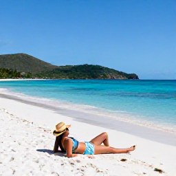 Caribbean Holidays, British Virgin Islands, A solo traveller relaxing on a quiet white-sand beach on Tortola in warm January sunshine, with turquoise Caribbean water and green hills beyond