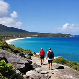 Caribbean Holidays, British Virgin Islands Adventures, Hikers walking along a rugged coastal trail overlooking the sea on Tortola in the British Virgin Islands
