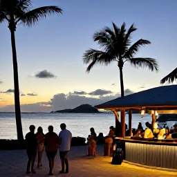 Caribbean Holidays, British Virgin Islands All Inclusive, Friendly evening scene at a British Virgin Islands beach bar with sunset, relaxed visitors and palm trees