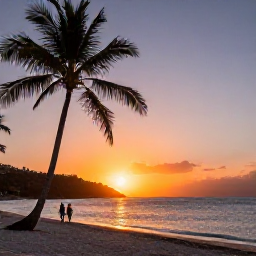 Caribbean Holidays, British Virgin Islands April, Colourful Caribbean sunset over a British Virgin Islands beach, with palm trees and a couple walking beside the sea