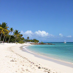Caribbean Holidays, British Virgin Islands Beaches, A calm turquoise bay with white sand, palm trees and a small sailing boat near the British Virgin Islands shoreline