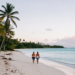 Caribbean Holidays, British Virgin Islands Beaches, A couple walking barefoot along a quiet British Virgin Islands beach at sunrise, calm turquoise sea, palm-fringed shore and soft morning light