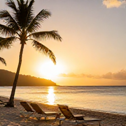 Caribbean Holidays, British Virgin Islands Beaches, A quiet Caribbean beach at sunset with loungers, palm trees and warm golden light across the sea in the British Virgin Islands