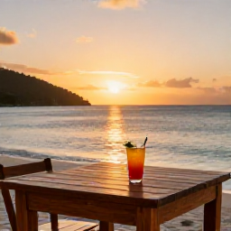 Caribbean Holidays, British Virgin Islands Beaches, A relaxed Caribbean beach bar at sunset in the British Virgin Islands, wooden tables, colourful drinks, calm sea and golden sky