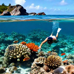 Caribbean Holidays, British Virgin Islands Beaches, A snorkeller exploring a colourful coral reef in clear shallow water near Norman Island, tropical fish, sunlight and rocky Caribbean coastline