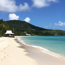 Caribbean Holidays, British Virgin Islands Beaches, Smugglers Cove on Tortola, calm clear water, pale sand, green hills and a small traditional beach bar under palm trees
