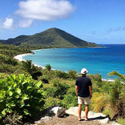 Caribbean Holidays, British Virgin Islands Birdwatching, Birdwatcher overlooking a quiet Caribbean island hillside with tropical vegetation and bright blue sea in the British Virgin Islands