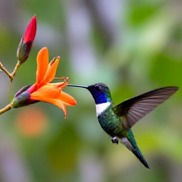 Caribbean Holidays, British Virgin Islands Birdwatching, Colourful tropical forest trail with a small hummingbird visiting flowers in the British Virgin Islands