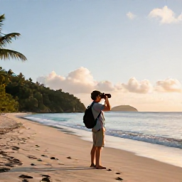 Caribbean Holidays, British Virgin Islands Birdwatching, Relaxed birdwatcher with binoculars on a quiet British Virgin Islands beach at sunrise, tropical landscape and Caribbean sea