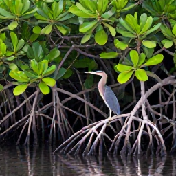 Caribbean Holidays, British Virgin Islands Birdwatching, Tropical mangrove lagoon with a heron standing among the roots and calm water in the British Virgin Islands