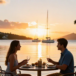 Caribbean Holidays, British Virgin Islands Business Class, Couple enjoying a sunset meal beside a Caribbean marina in the British Virgin Islands, sailboats in the background and warm evening light