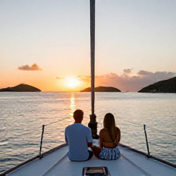 Caribbean Holidays, British Virgin Islands Business Class, Couple enjoying a sunset sail between the British Virgin Islands, with calm blue water, small islands and a warm evening sky