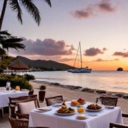 Caribbean Holidays, British Virgin Islands Business Class, Elegant beachfront restaurant at sunset on Tortola with Caribbean food and a small yacht-filled harbour