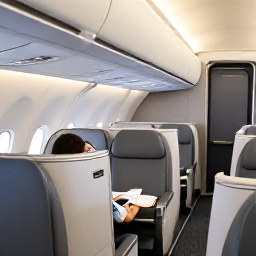 Caribbean Holidays, British Virgin Islands Business Class, Elegant business class aircraft cabin with spacious lie-flat seats, soft lighting and a traveller relaxing before a Caribbean holiday