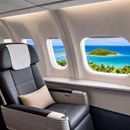 Caribbean Holidays, British Virgin Islands Business Class, Elegant business class cabin on a long-haul flight to the British Virgin Islands, comfortable lie-flat seat, soft lighting and a view of tropical islands below