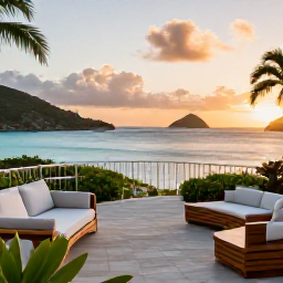 Caribbean Holidays, British Virgin Islands Business Class, Elegant Caribbean resort terrace overlooking a calm blue bay at sunset in the British Virgin Islands