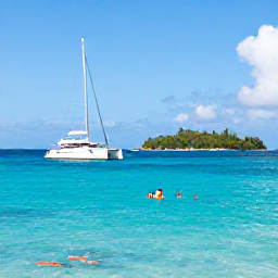 Caribbean Holidays, British Virgin Islands Business Class, Luxury catamaran sailing between the British Virgin Islands with snorkellers exploring clear water near a small island