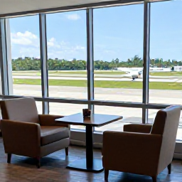 Caribbean Holidays, British Virgin Islands Business Class, Quiet airport lounge with comfortable armchairs, refreshments and large windows overlooking an airport runway before a Caribbean flight