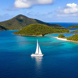 Caribbean Holidays, British Virgin Islands Business Class, Sailing yacht passing between green islands and sheltered turquoise bays in the British Virgin Islands