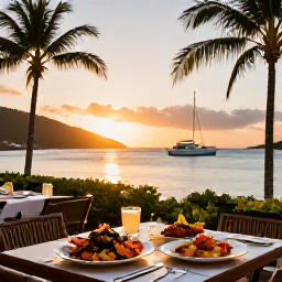 Caribbean Holidays, British Virgin Islands Business Class, Stylish beachfront restaurant in the British Virgin Islands serving fresh seafood at sunset, with palm trees and yachts in the bay