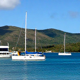 Caribbean Holidays, British Virgin Islands Business Class, Sunlit marina in Tortola, British Virgin Islands, with sailing boats, calm blue water and green mountainous shoreline