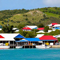 Caribbean Holidays, British Virgin Islands, Colourful waterfront scene in Road Town, Tortola, with local shops, harbour boats and green hills in the background